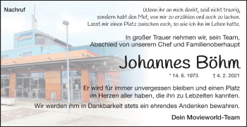 Traueranzeige von Johannes Böhm von Schwäbische Post