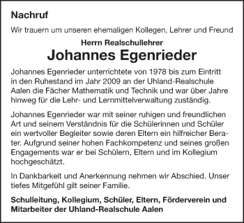Traueranzeige von Johannes Egenrieder von Schwäbische Post