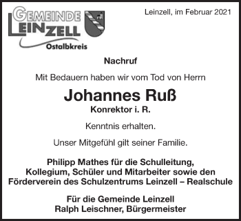 Traueranzeige von Johannes Ruß von Gmünder Tagespost