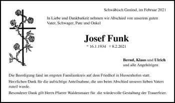 Traueranzeige von Josef Funk von Gmünder Tagespost