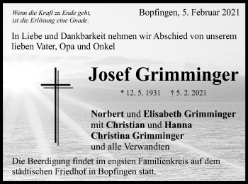 Traueranzeige von Josef Grimminger von Schwäbische Post