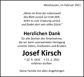 Traueranzeige von Josef Kirsch von Schwäbische Post