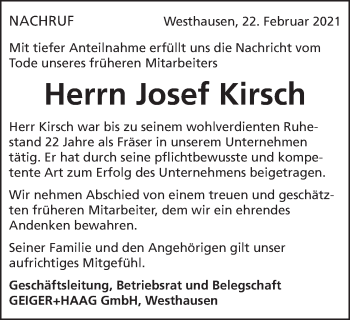 Traueranzeige von Josef Kirsch  von Schwäbische Post