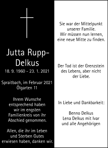 Traueranzeige von Jutta Rupp-Delkus