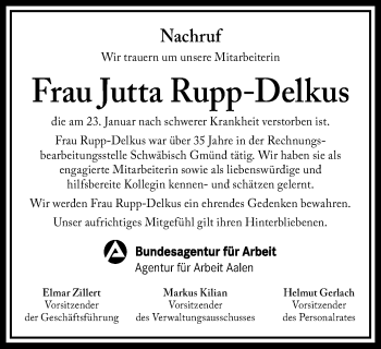 Traueranzeige von Jutta Rupp-Delkus von Gmünder Tagespost