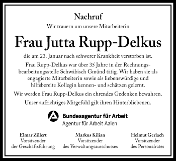 Traueranzeige von Jutta Rupp-Delkus