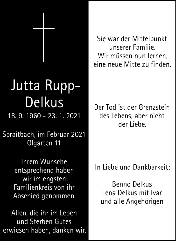  Traueranzeige für Jutta Rupp-Delkus vom 13.02.2021 aus Gmünder Tagespost