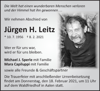 Traueranzeige von Jürgen H. Leitz von Schwäbische Post