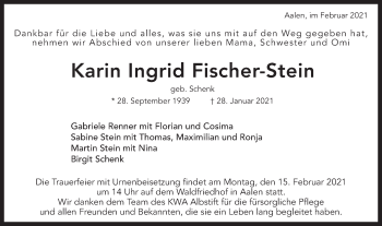 Traueranzeige von Karin Ingrid Fischer-Stein von Schwäbische Post