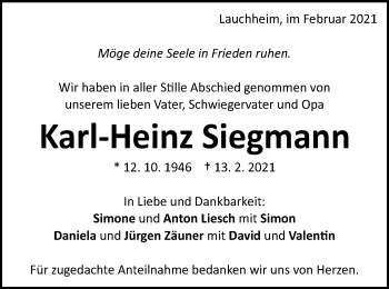 Traueranzeige von Karl-Heinz Siegmann von Schwäbische Post