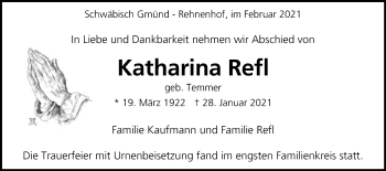 Traueranzeige von Katharina Refl von Gmünder Tagespost