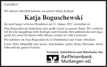 Traueranzeige von Katja Boguschewski von Gmünder Tagespost