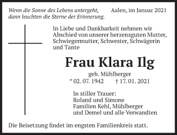 Traueranzeige von Klara Ilg von Schwäbische Post