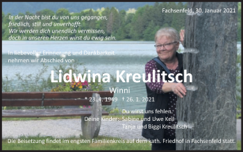 Traueranzeige von Lidwina Kreulitsch von Schwäbische Post