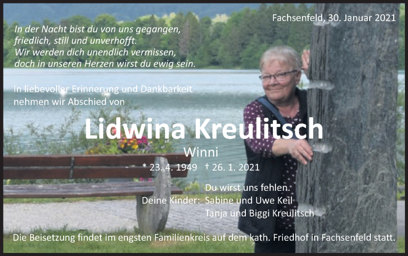  Traueranzeige für Lidwina Kreulitsch vom 30.01.2021 aus Schwäbische Post