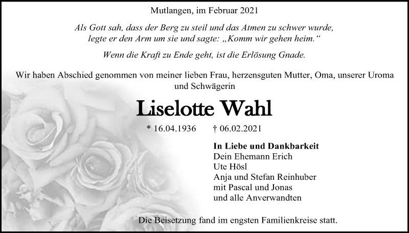  Traueranzeige für Liselotte Wahl vom 19.02.2021 aus Gmünder Tagespost