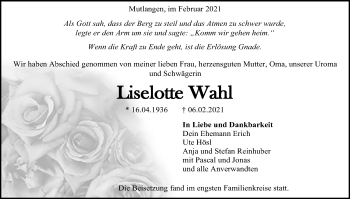Traueranzeige von Liselotte Wahl von Gmünder Tagespost