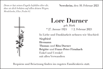 Traueranzeige von Lore Durner von Schwäbische Post