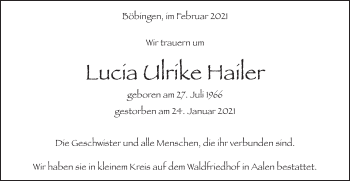 Traueranzeige von Lucia Ulrike Hailer von Schwäbische Post