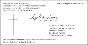 Traueranzeige von Lydia Lenz von Schwäbische Post