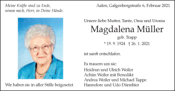 Traueranzeige von Magdalena Müller von Schwäbische Post