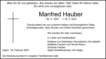 Traueranzeige von Manfred Hauber von Schwäbische Post