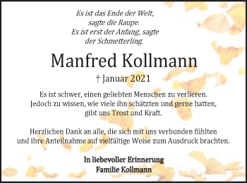 Traueranzeige von Manfred Kollmann von Gmünder Tagespost