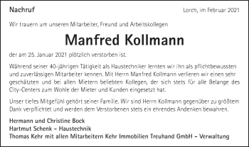 Traueranzeige von Manfred Kollmann von Gmünder Tagespost