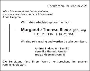 Traueranzeige von Margarete Therese Riede von Amtsblatt_Oko