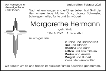 Traueranzeige von Margarethe Hermann von Gmünder Tagespost