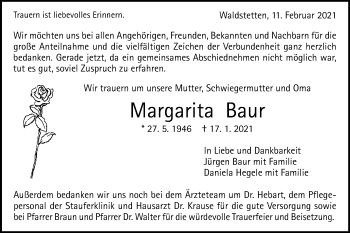 Traueranzeige von Margarita Baur von Gmünder Tagespost