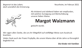 Traueranzeige von Margot Walzmann von Schwäbische Post
