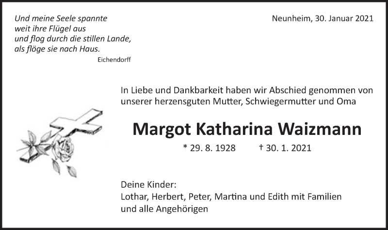  Traueranzeige für Margot Katharina Waizmann vom 01.02.2021 aus Schwäbische Post