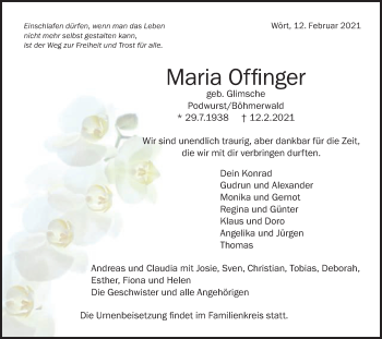 Traueranzeige von Maria Offinger von Schwäbische Post