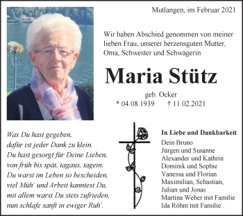 Traueranzeige von Maria Stütz von Gmünder Tagespost