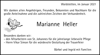 Traueranzeige von Marianne Heller von Gmünder Tagespost