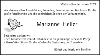 Traueranzeige von Marianne Heller