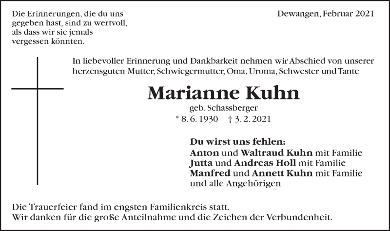  Traueranzeige für Marianne Kuhn vom 13.02.2021 aus Schwäbische Post