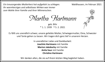 Traueranzeige von Martha Hartmann von Schwäbische Post