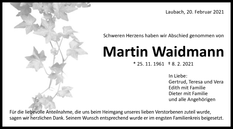  Traueranzeige für Martin Waidmann vom 20.02.2021 aus Schwäbische Post