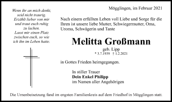 Traueranzeige von Melitta Großmann von Gmünder Tagespost