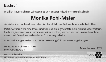 Traueranzeige von Monika Pohl-Maier von Schwäbische Post