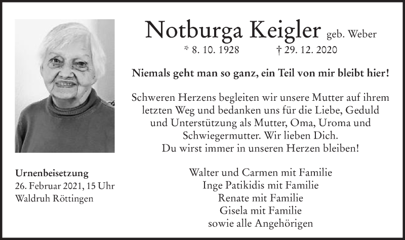  Traueranzeige für Notburga Keigler vom 24.02.2021 aus Schwäbische Post
