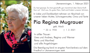 Traueranzeige von Pia Regina Mugrauer von Schwäbische Post
