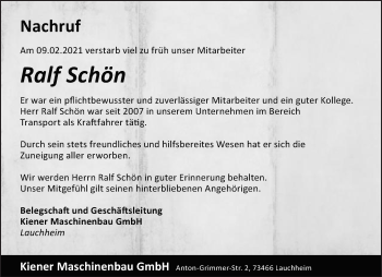 Traueranzeige von Ralf Schön von Schwäbische Post