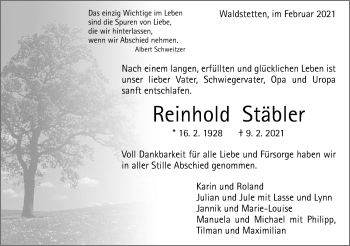Traueranzeige von Reinhold Stäbler von Gmünder Tagespost