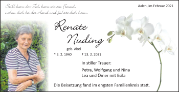 Traueranzeige von Renate Nuding von Schwäbische Post