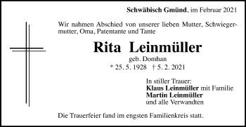 Traueranzeige von Rita Leinmüller von Gmünder Tagespost