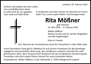 Traueranzeige von Rita Mößner von Schwäbische Post