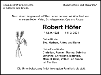 Traueranzeige von Robert Höfer von Gmünder Tagespost